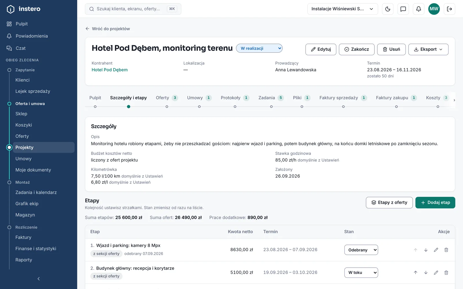 Projekt monitoringu hotelu rozpisany na etapy z kwotami i terminami