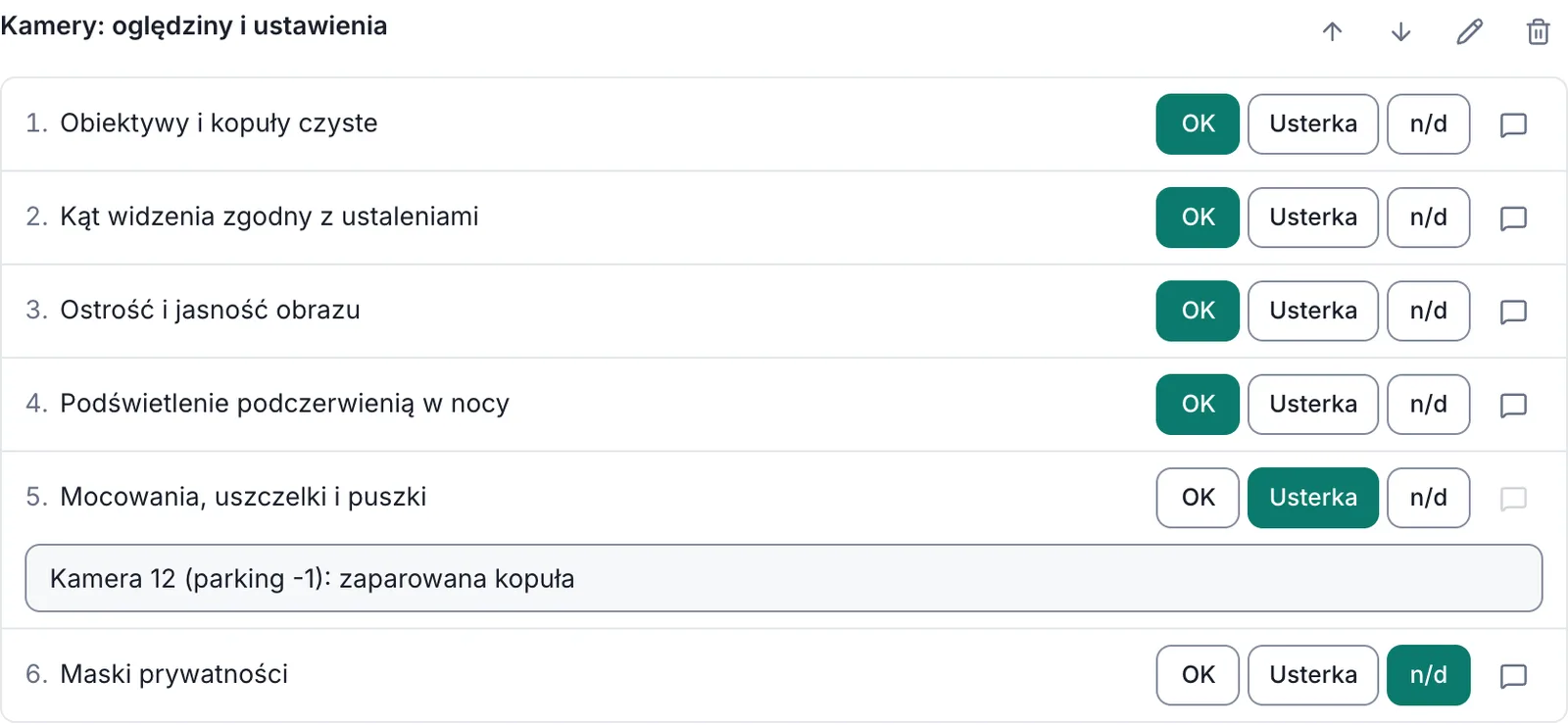 Lista czynności w protokole konserwacji CCTV, z uwagą przy pozycji z usterką.