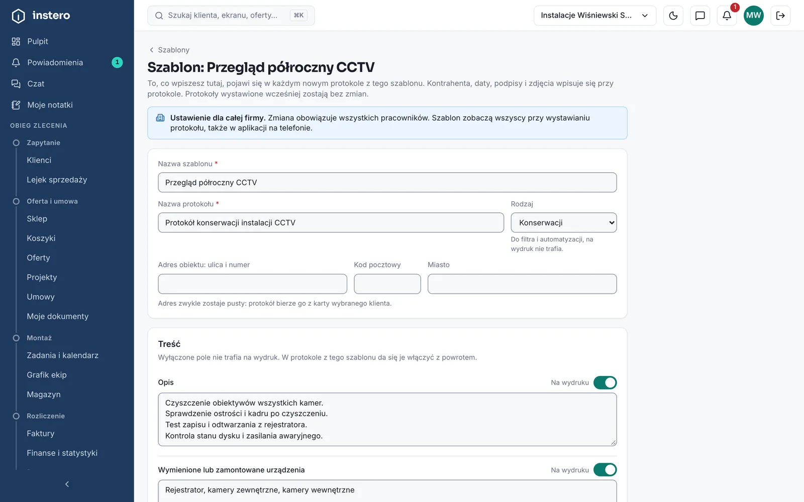 Poprawka szablonu „Przegląd półroczny CCTV”. Protokoły wystawione wcześniej zostają bez zmian, bo każdy ma własną kopię treści i bloków.