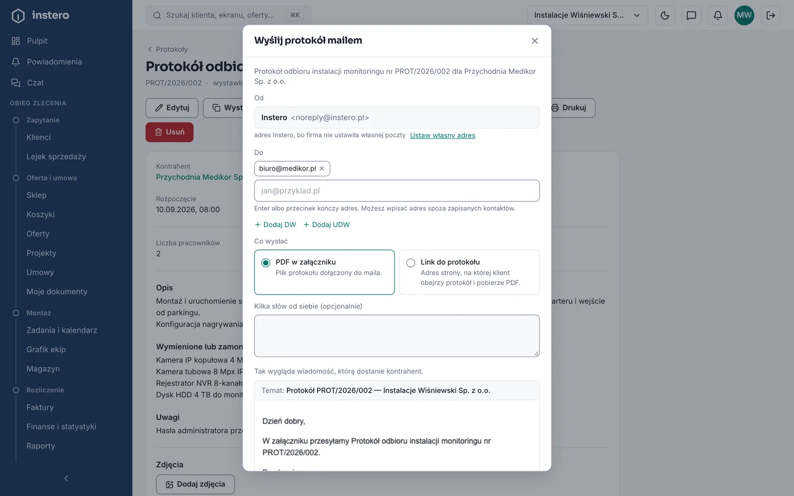 Wysyłka mailem: adres z kartoteki klienta jednym kliknięciem, PDF albo link.