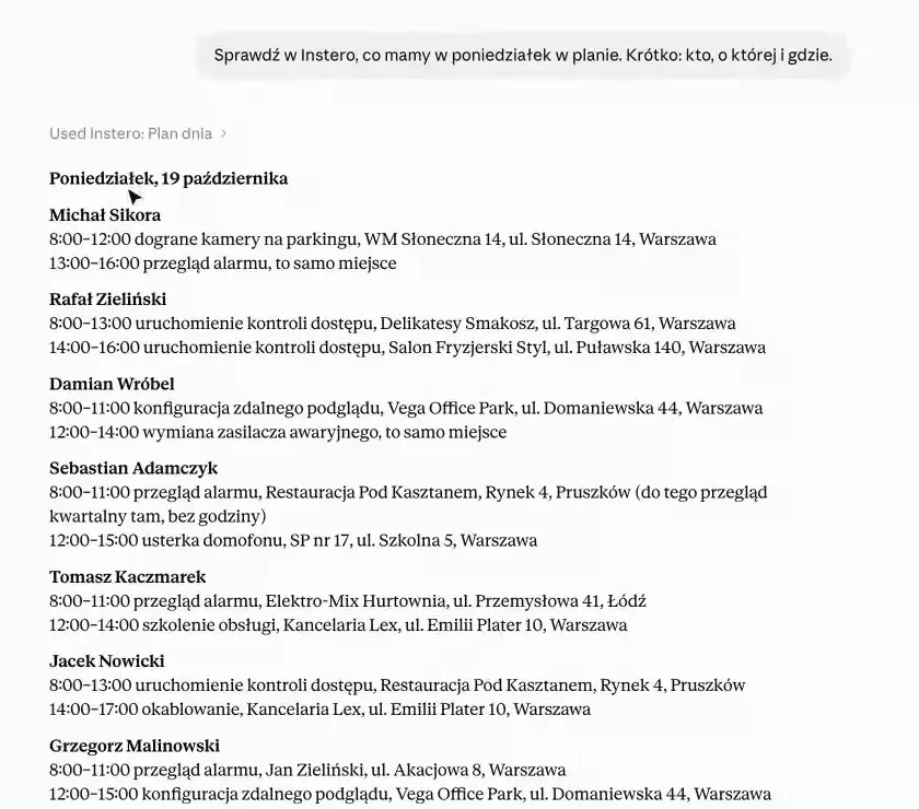 Claude odpowiada planem ekipy na poniedziałek z danych Instero