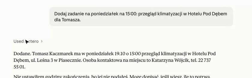 Claude potwierdza dodanie zadania w Instero