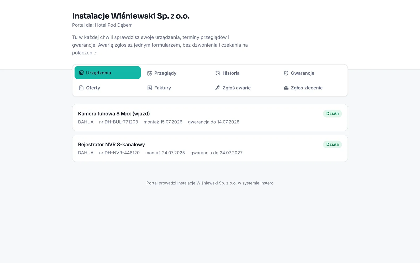Portal klienta: zakładki i lista urządzeń z numerami seryjnymi i gwarancją